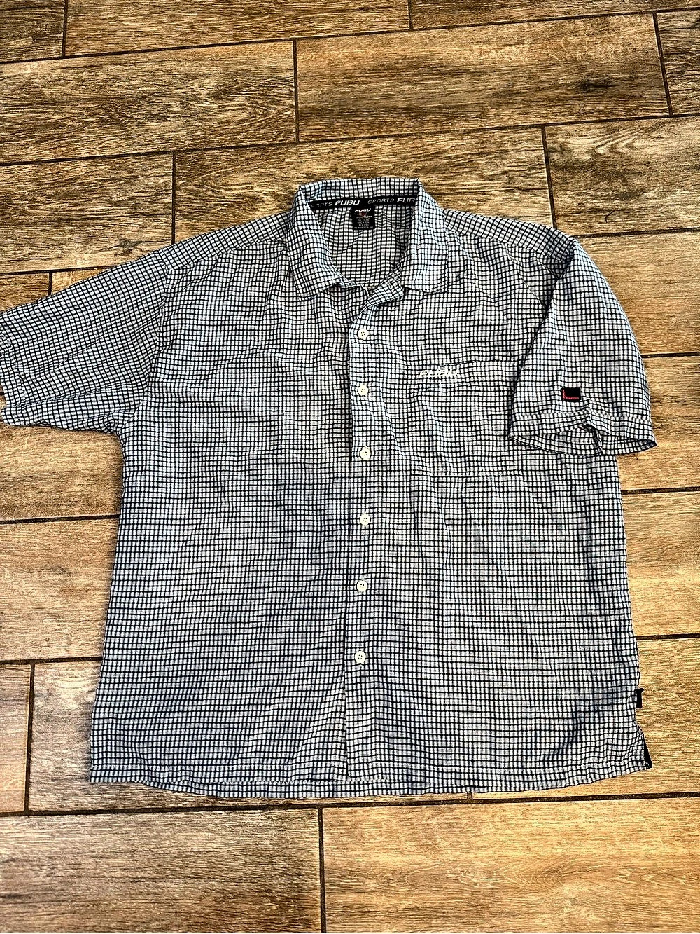 Vintage FUBU The Collection Checkered Short Sleeve Shirt Blue & White XL Y2K